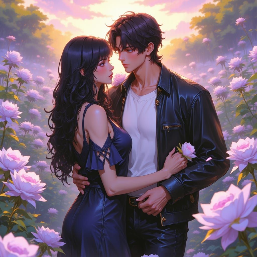 Romantic Couple in a Whimsical Flower Garden