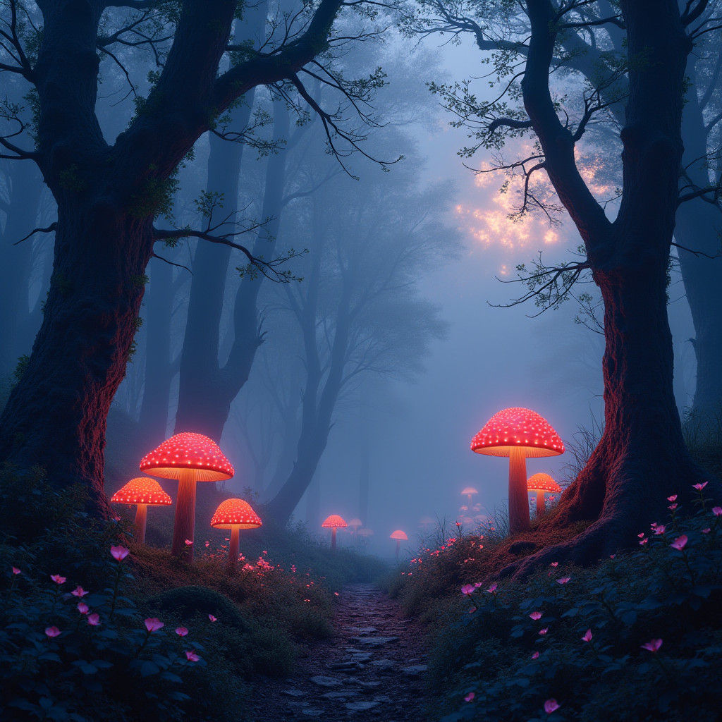 Glowing Mushrooms in a Dreamlike Twilight Forest