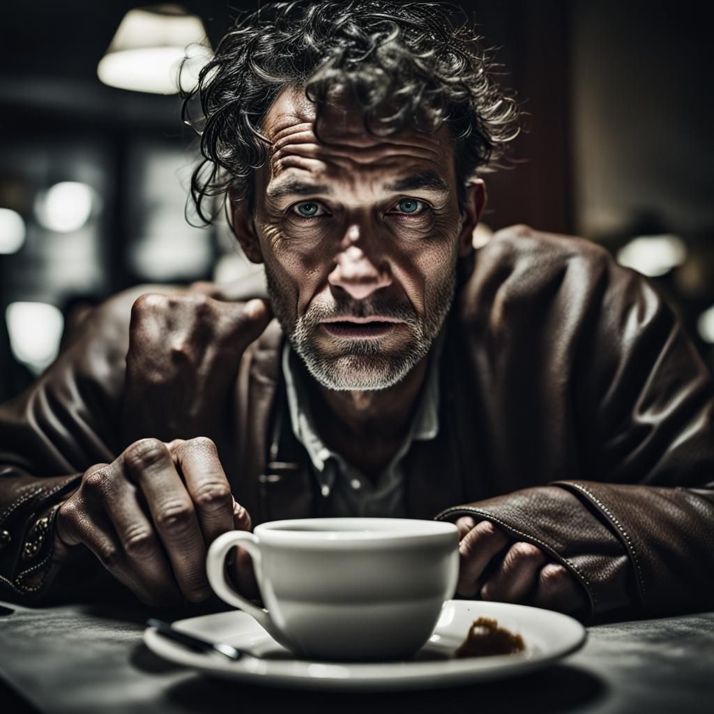 Computer Eats Roman Man: Portrait in Cafe