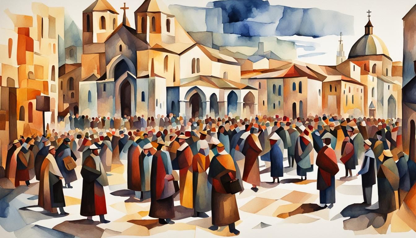 Cathedral Square Religious Procession: Sfumato Cubist Painti...