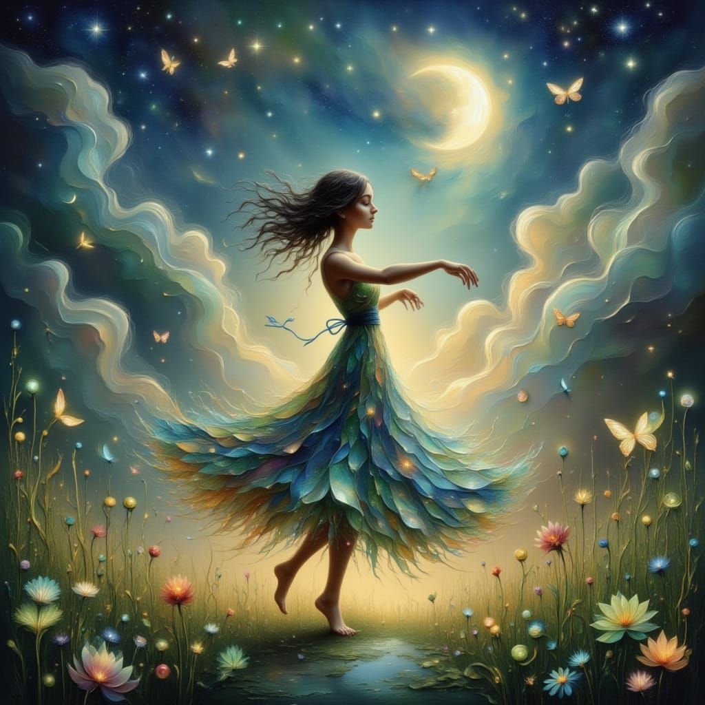 Radiant Woman Dancing in Moonlit Garden, Anime Style