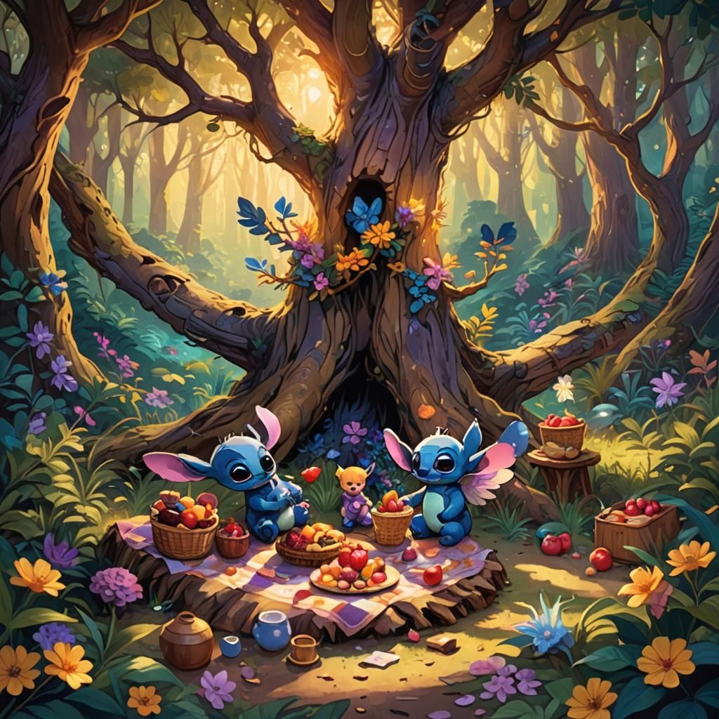 Stitch and Angel's Forest Picnic: Fantasy Concept Art