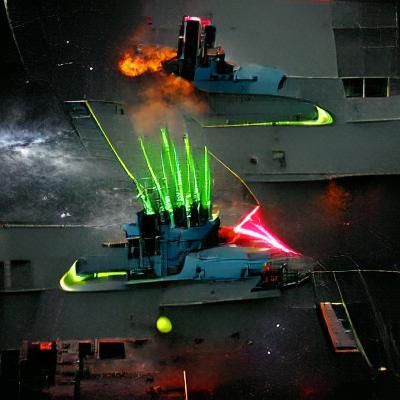 Cyberpunk Battleship Engaged in Laser Warfare