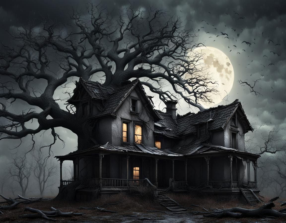 Creepy Haunted House Under Crooked Tree in Rain