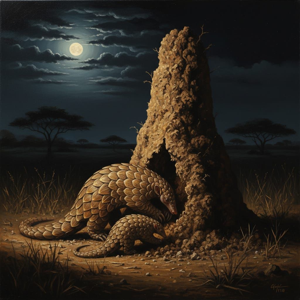 Pangolin Mother and Cub in Moonlit Savannah
