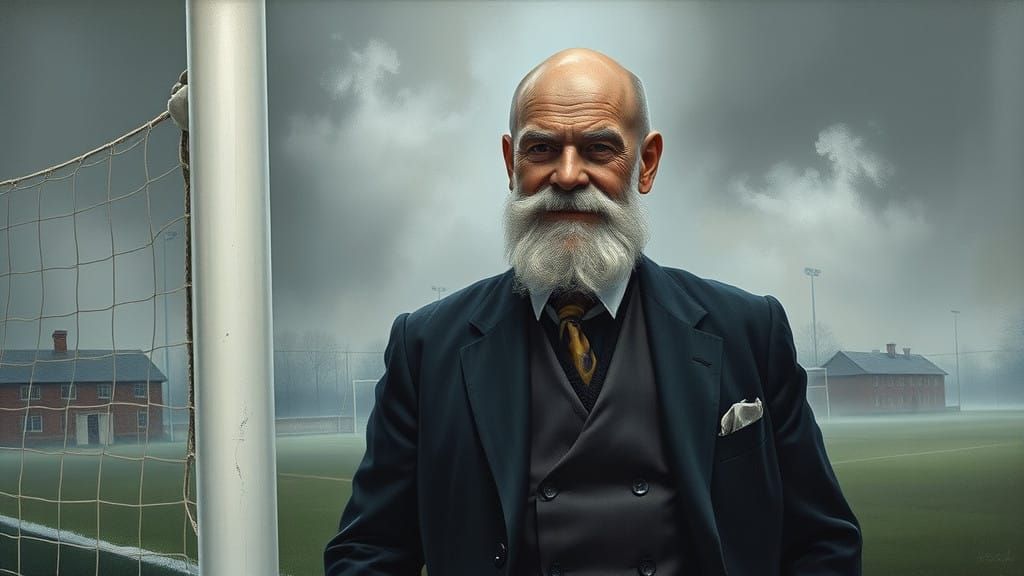 Friendly Elder in Dark Attire Beside Mysterious Goalpost