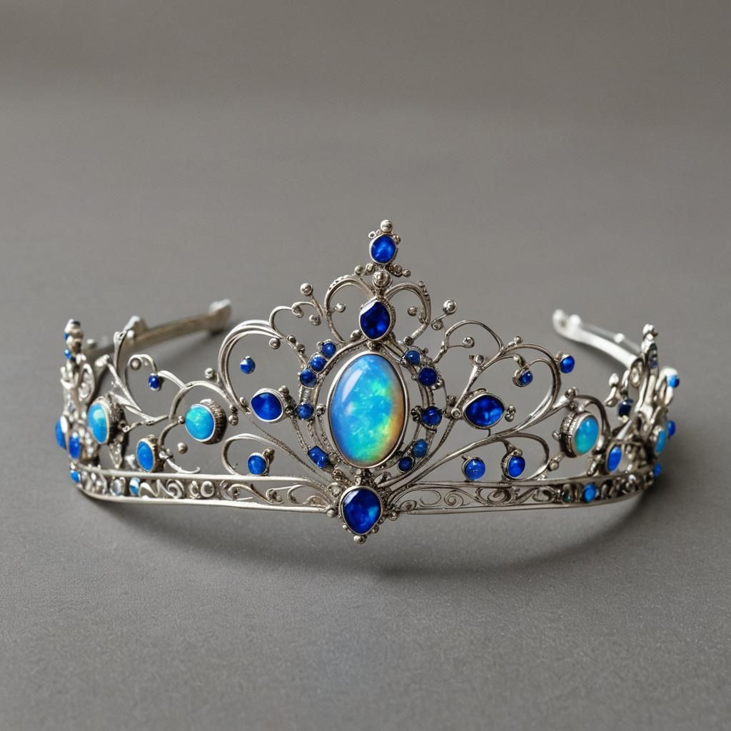 Elegant Tiara with Blue Opals and Silver Filigree
