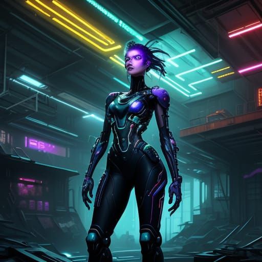 Cyberpunk Artist with Robotic Arm in Neon Workshop