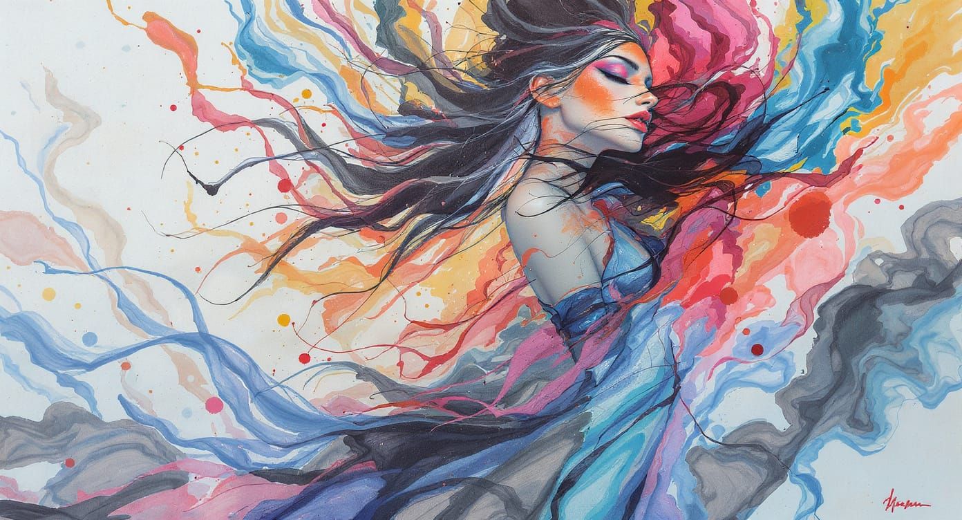 Dreamlike Woman Blends into Vibrant Abstract Colors