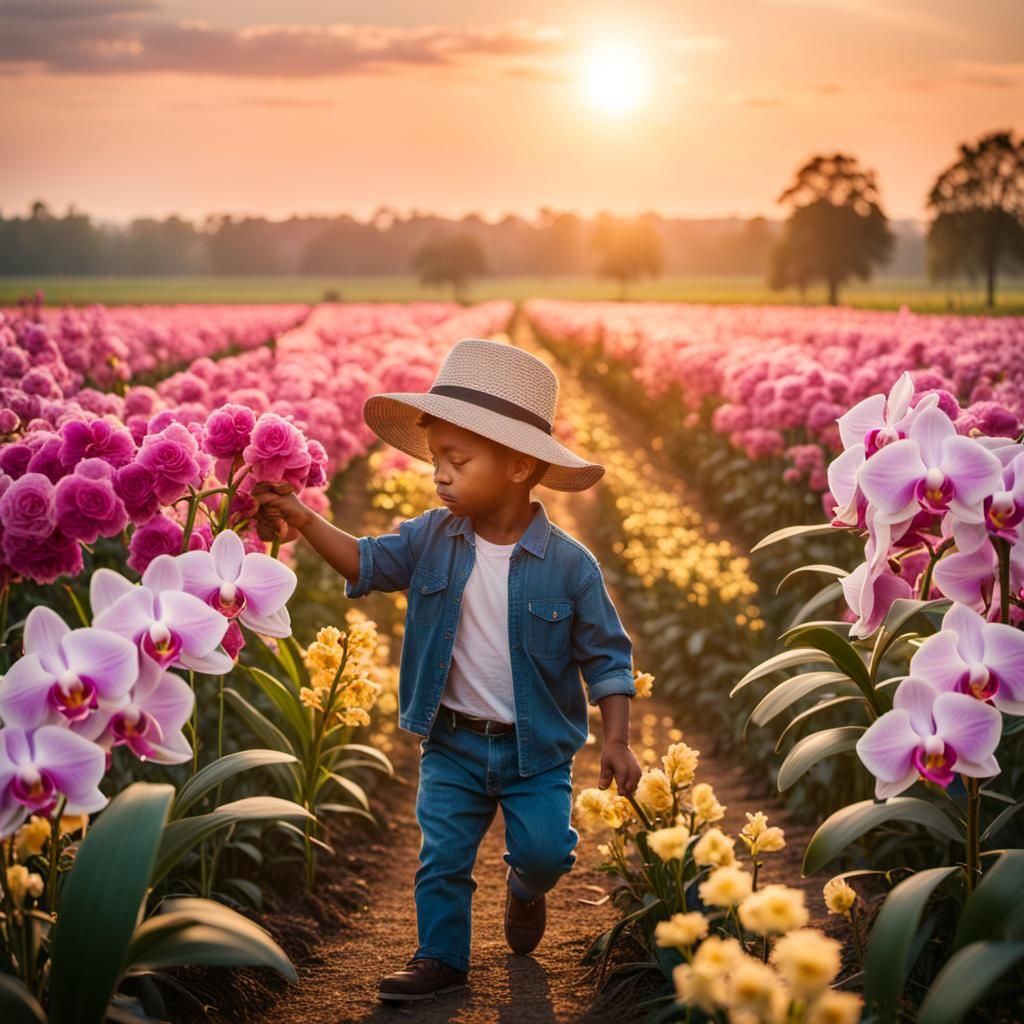Boy Picks Flowers in Radiant Sunset Field