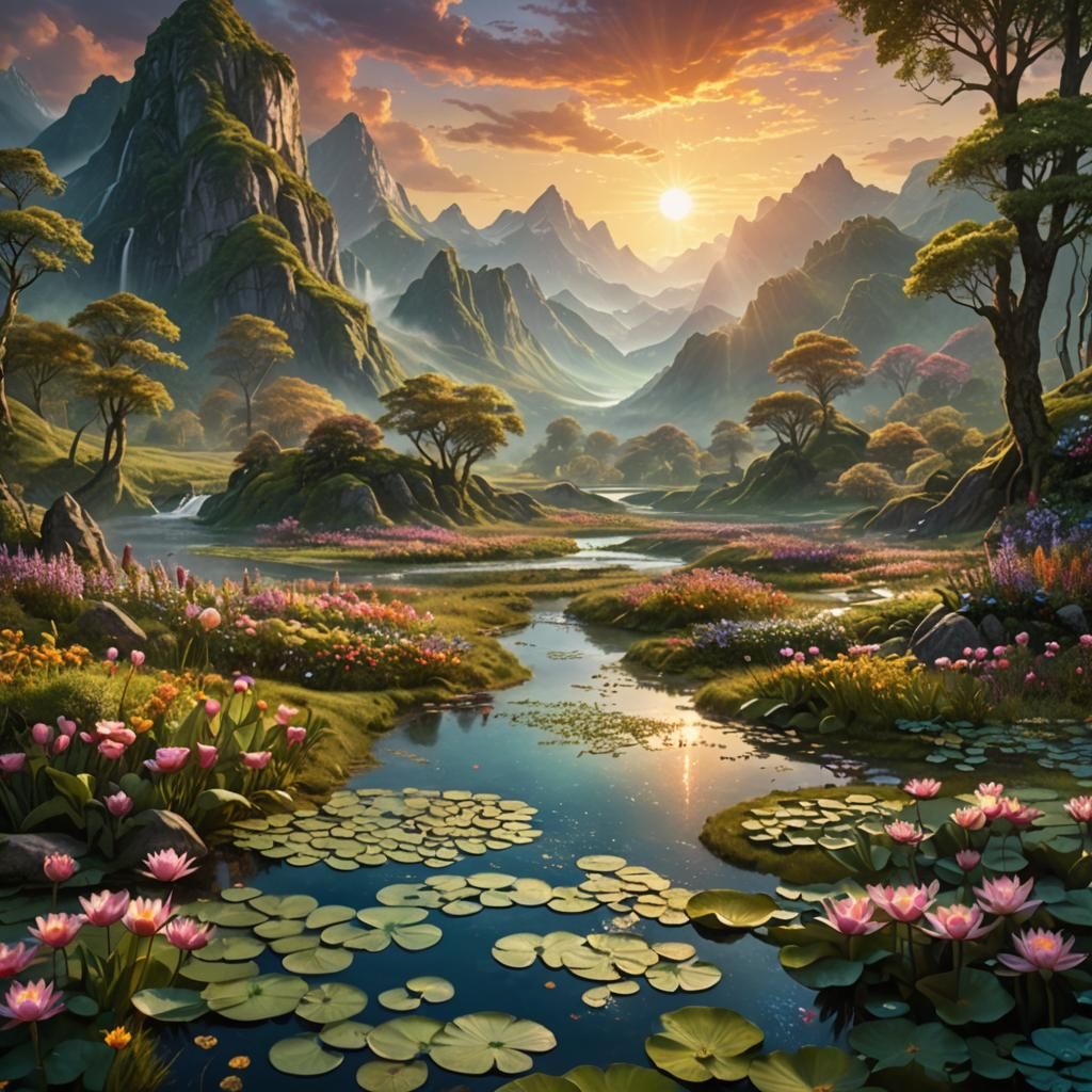 Lush Forest Landscape with River and Flowers