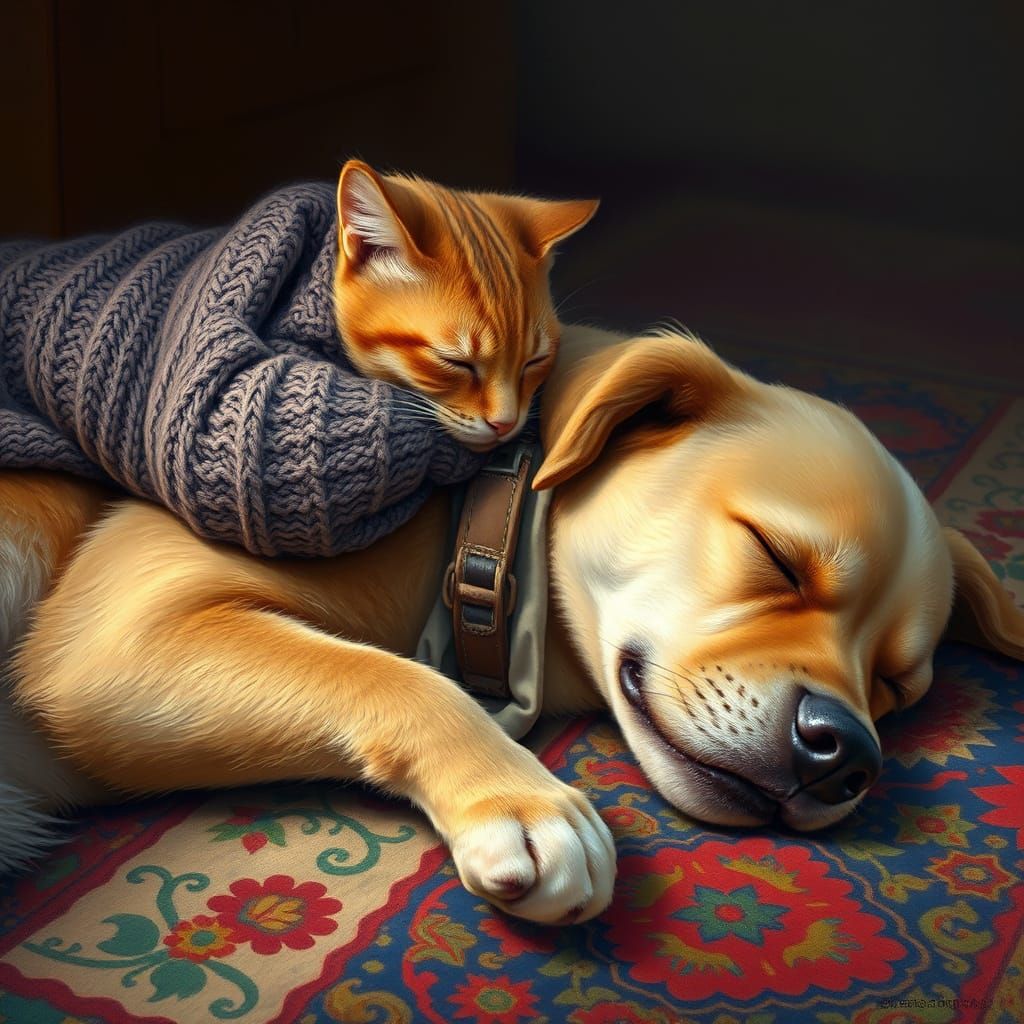 Cat Nap on Dog, Digital Painting Style