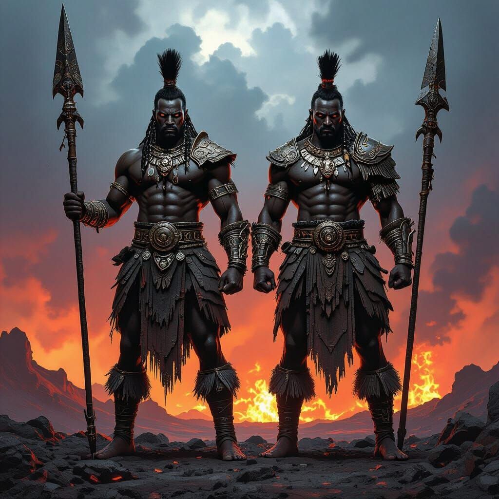 Epic Twin Warriors in Volcanic Landscape