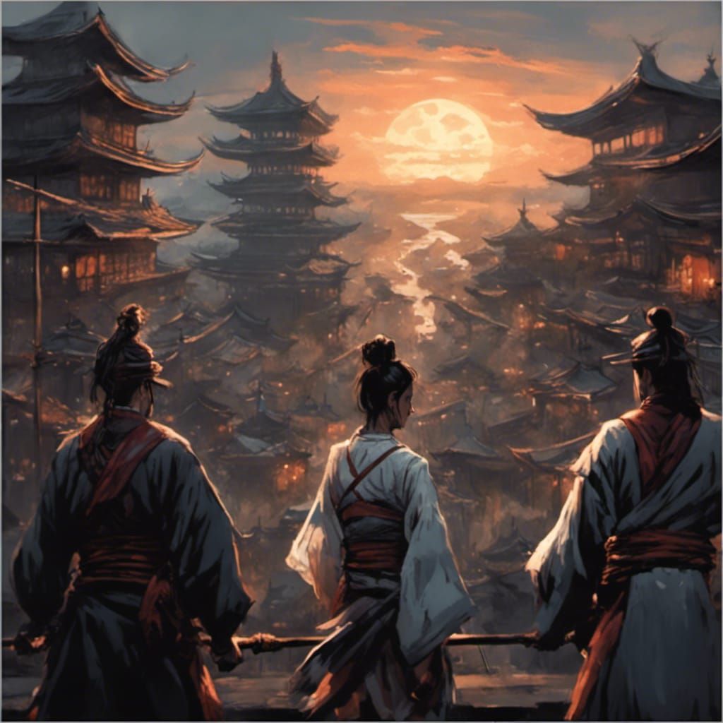 Samurai and Woman in Comic Book Art Style