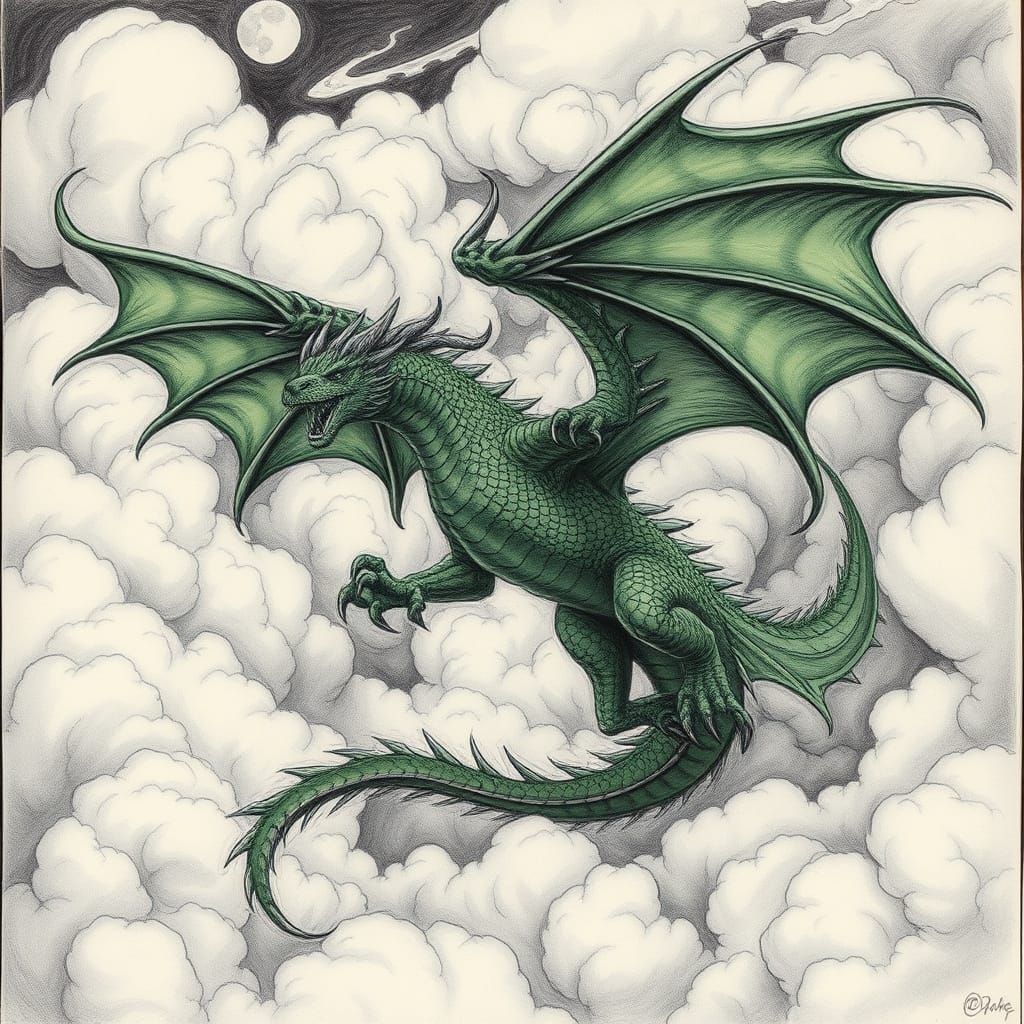 Ancient Jade Dragon Soars Through Ethereal Skies