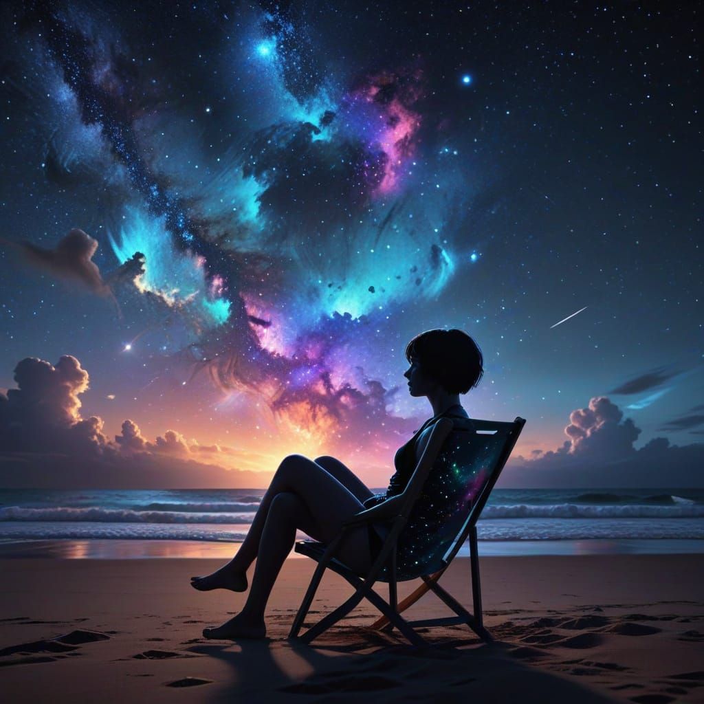 Woman Silhouetted Against Starry Nebula Sky