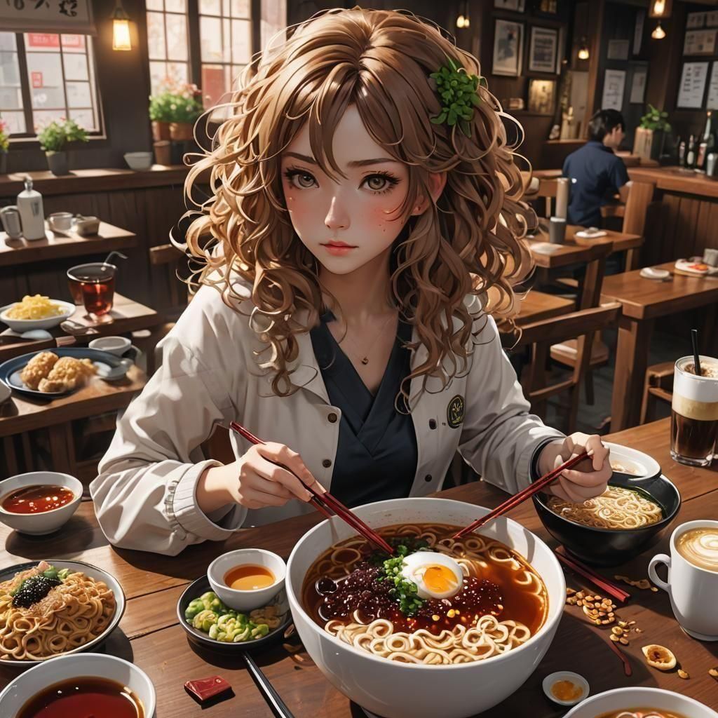 Girl Eating Ramen in Anime-Inspired 3D Art
