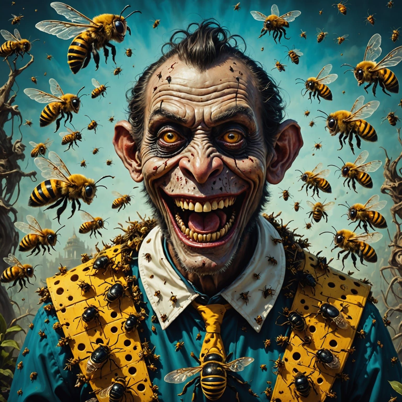 Hyperrealistic Zombie Beekeeper in a Surreal Landscape