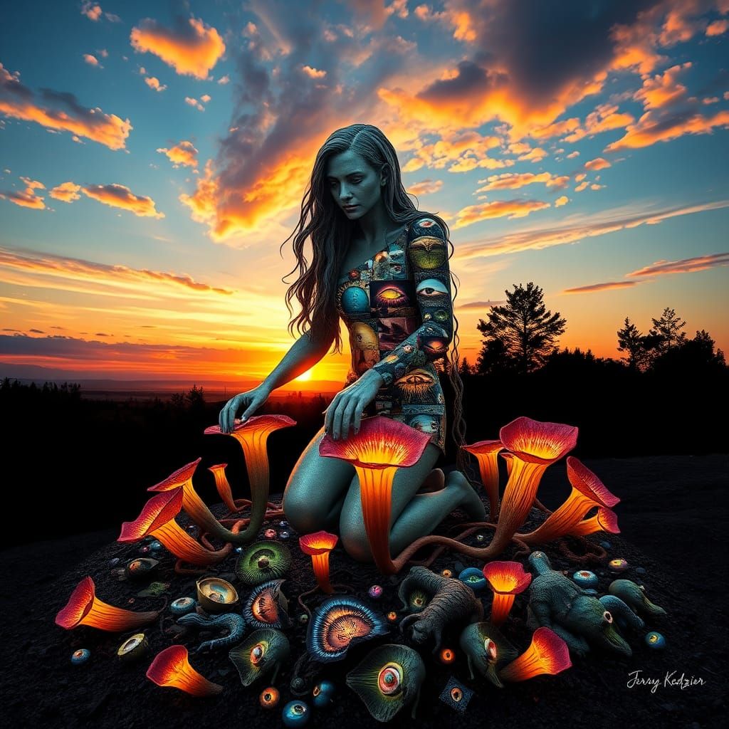 Surreal Sculpture of Woman with Pitcher Plants