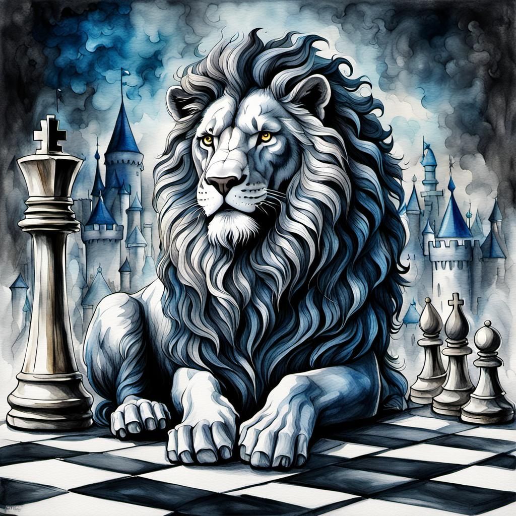 Lion Spirit Disrupts Chess Game: Watercolor Art