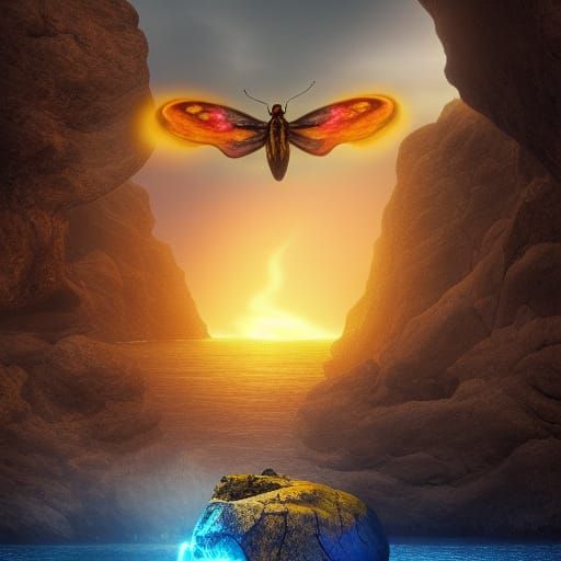 Fiery Butterfly Around Glowing Portal at Sunset