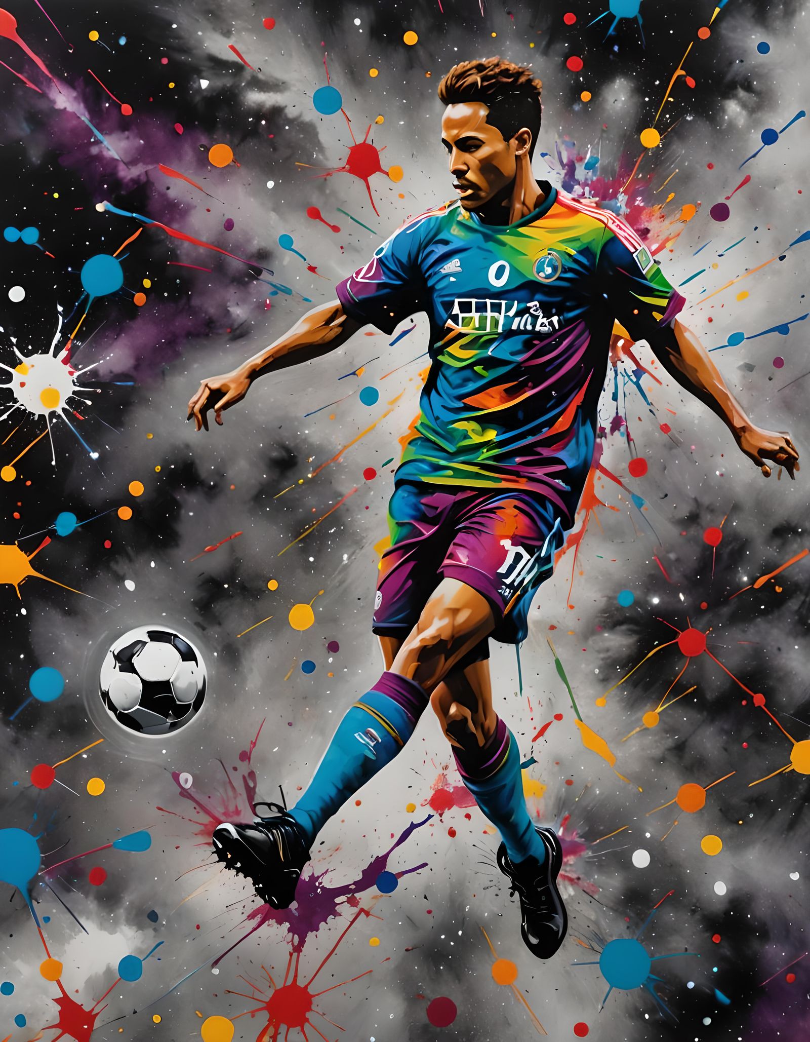 Soccer Player in Space with Acrylic Splashes