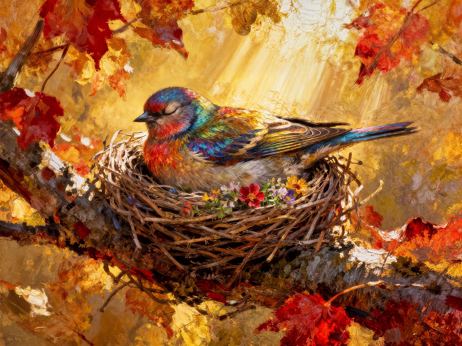 Colorful Bird in Autumn Nest with Sunshine Rays