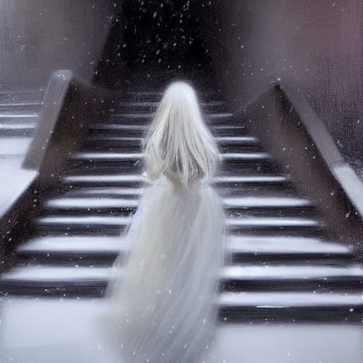 Snowy Descent: Woman in White, Digital Art
