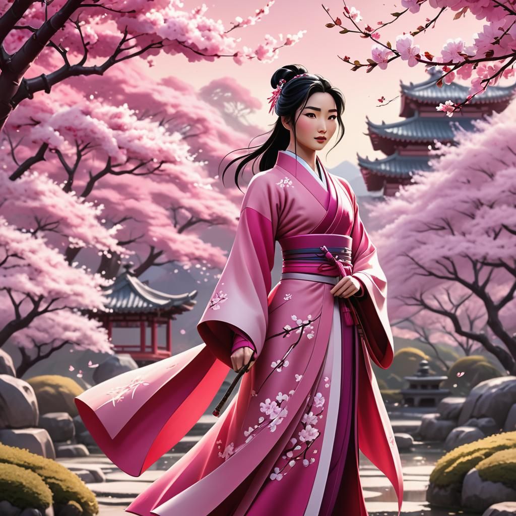Mulan in Cherry Blossom Garden, Anime Illustration