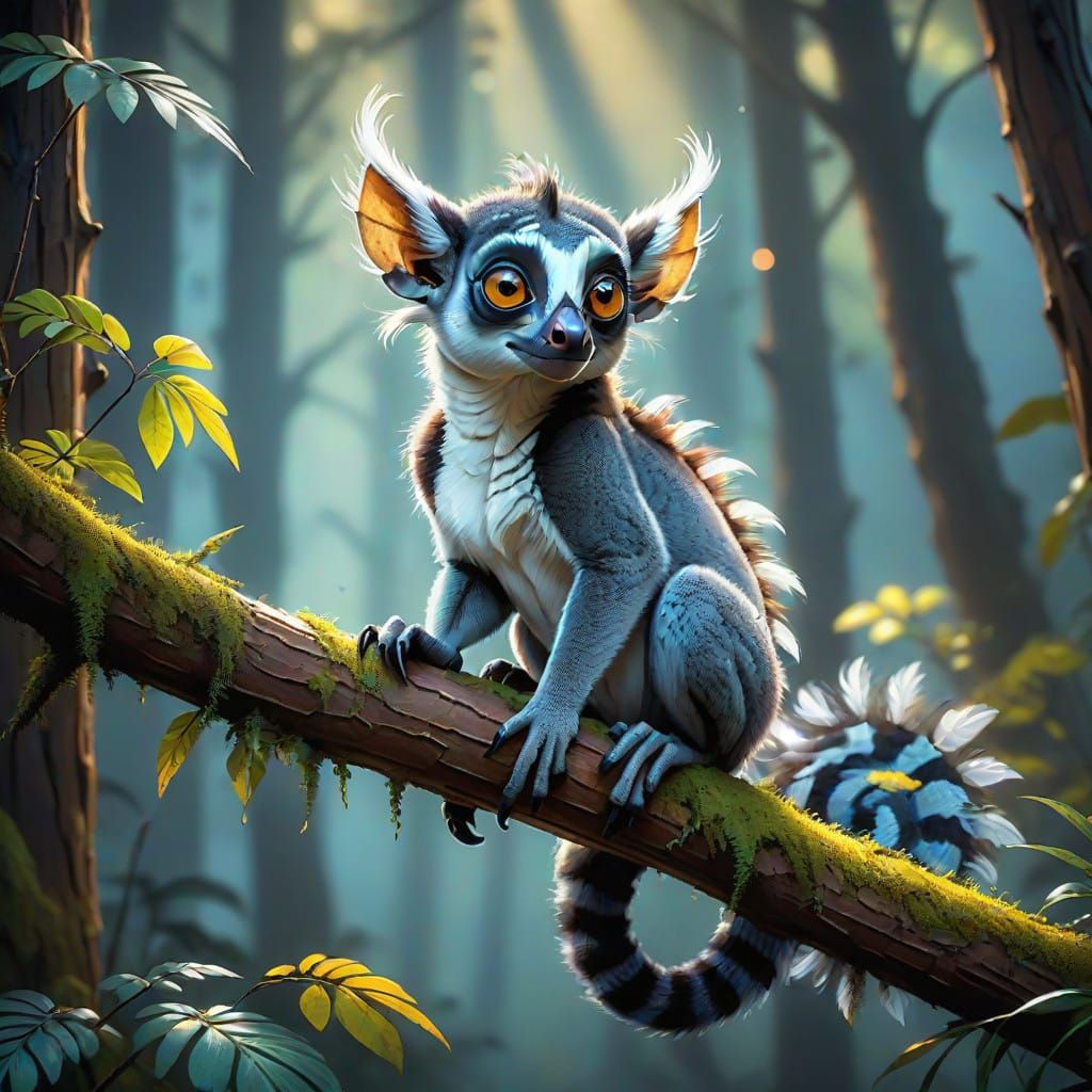 Enchanted Moonlit Fairy Dragon Lemur in Whimsical Forest