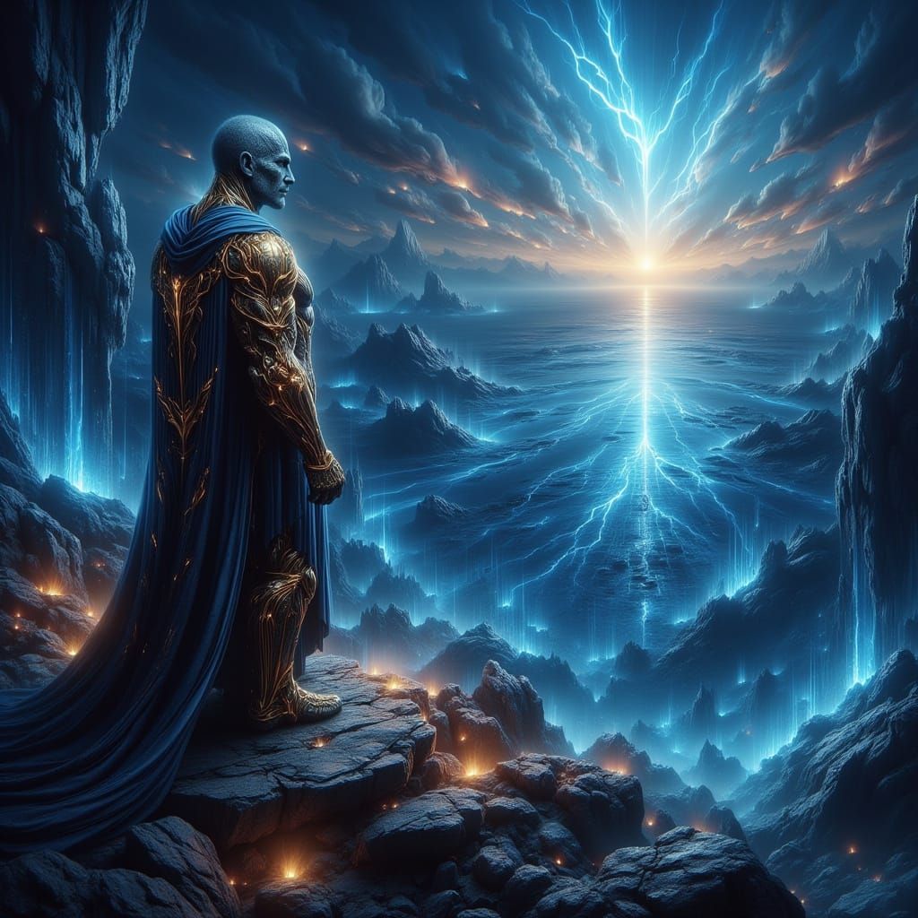 Majestic Warrior in Golden Armor on Alien Planet