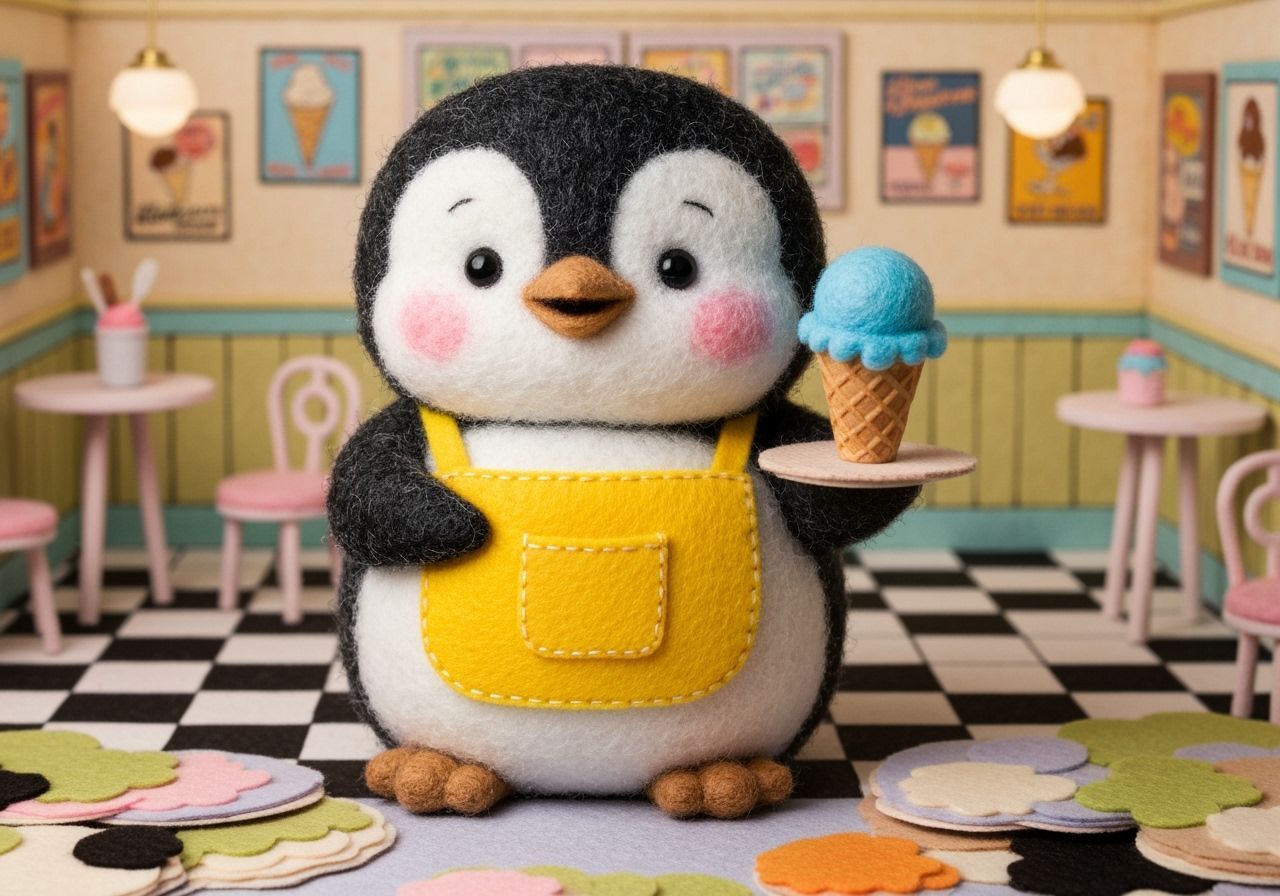 Adorable Felt Penguin Serving Ice Cream