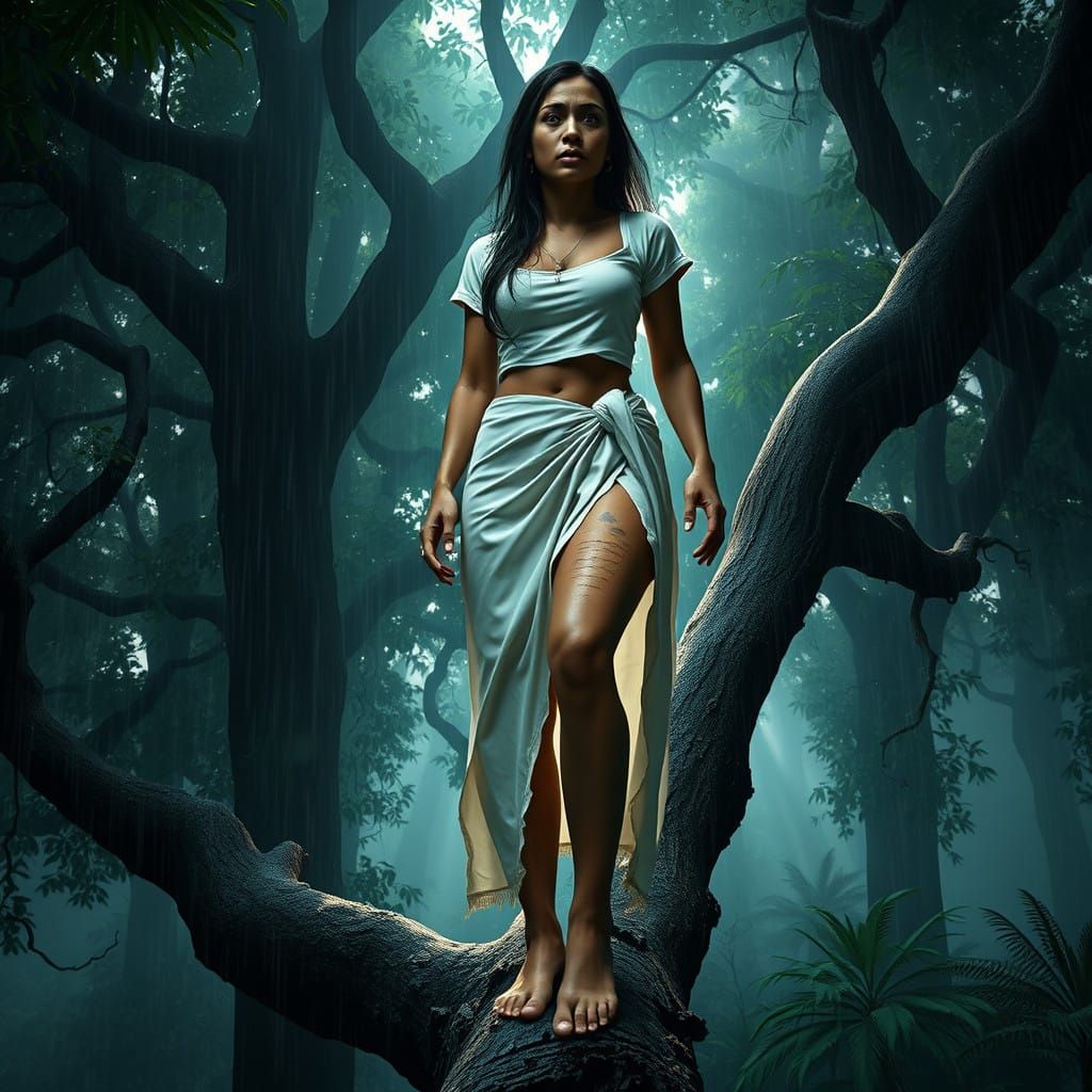 Ethereal Encounter: Indian Woman Amidst Dark Forest