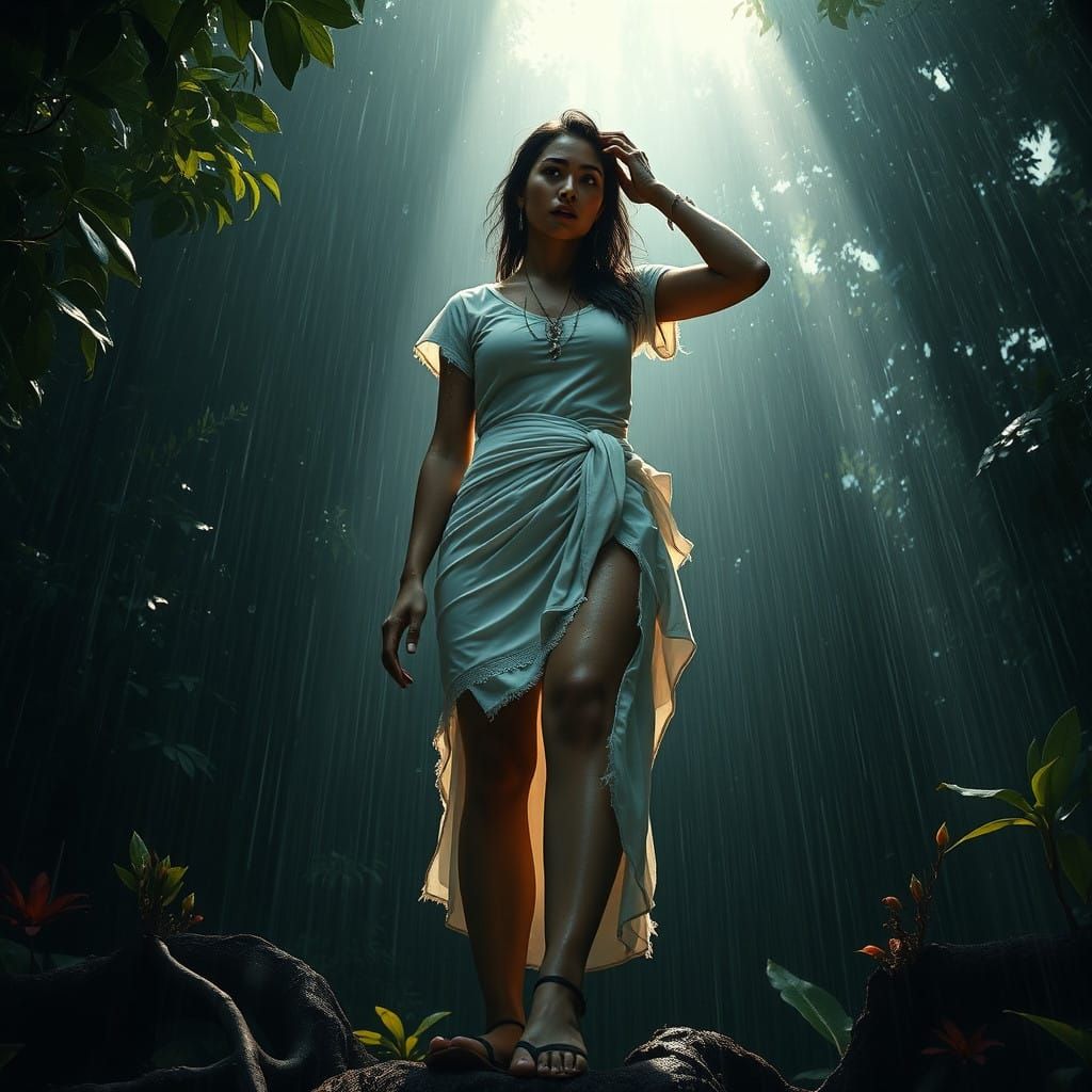 Indian Woman Braving Heavy Rain on a Tree Branch in a Dark F...