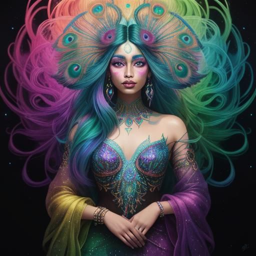 Psychedelic Woman with Rainbow Skin and Peacock Feathers