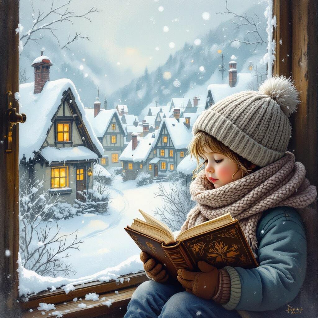 Child Reading by Snowy Window in Steampunk Village