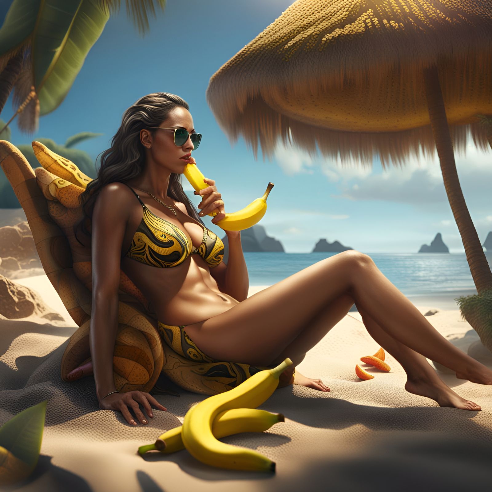 Woman on Beach Enjoying Banana, Detailed Digital Painting