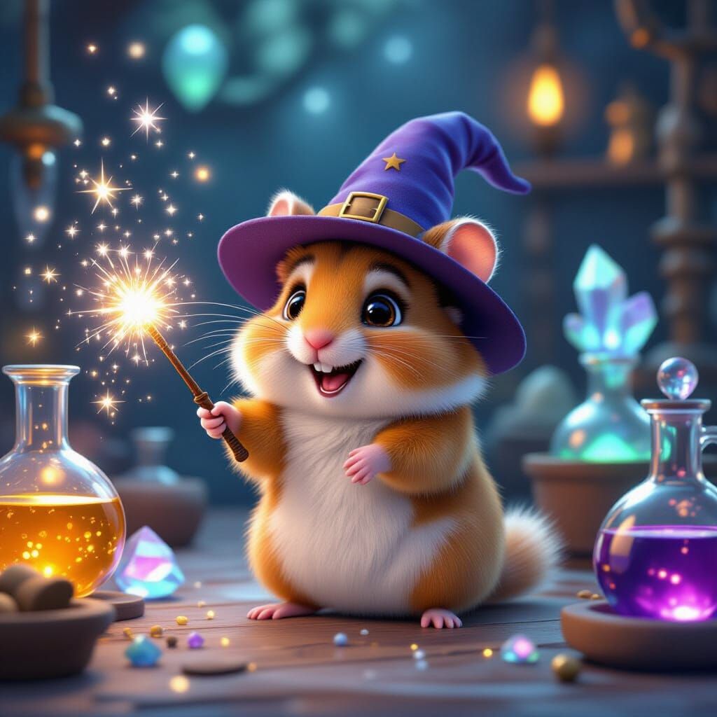 Hamster Wizard Conjures Stardust in Pixar Style 3D Art