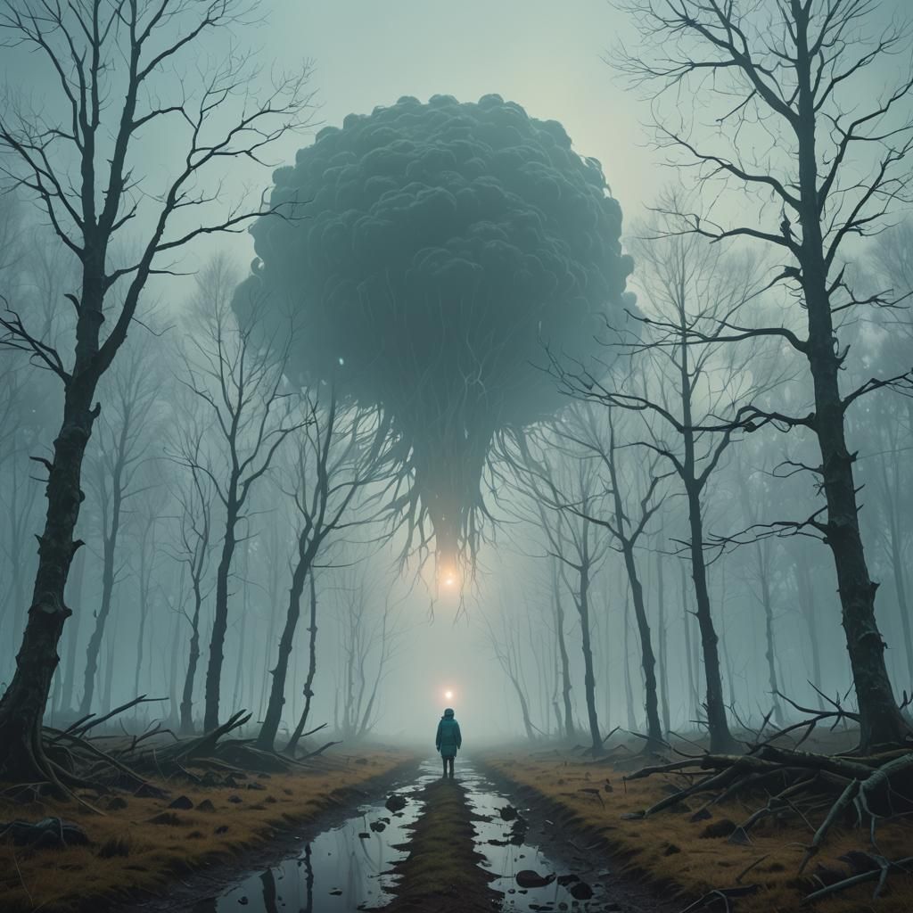 Eerie Encounter in a Misty Surreal Landscape