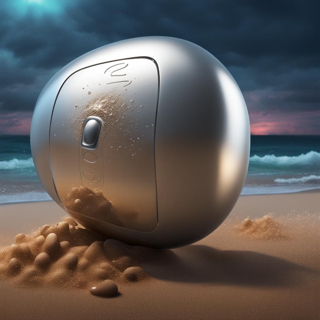 Glowing Silver Capsule on Sandy Beach in Splash Art Style