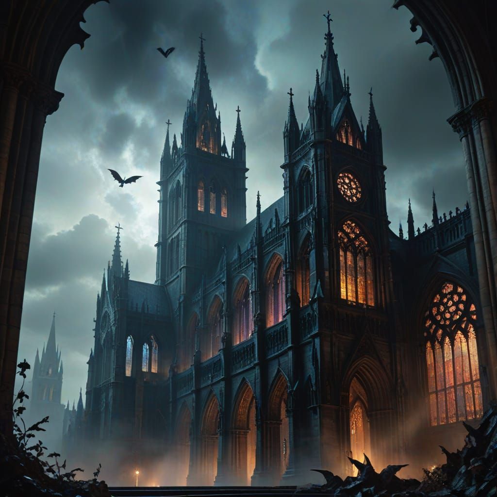 Gothic Cathedral Rising from Mist: Dark Fantasy Illustration