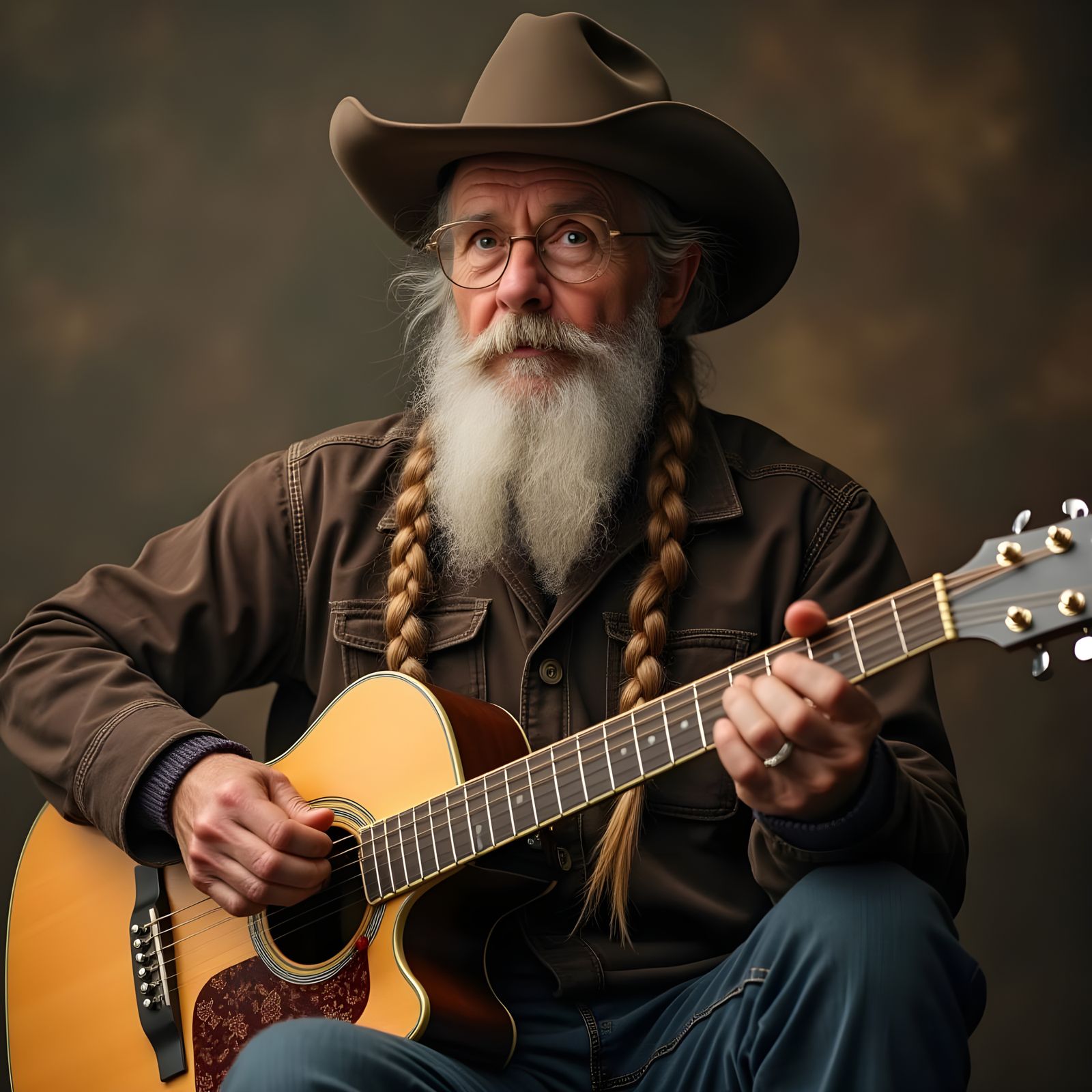 Rugged Cowboy Plays Guitar with Long Braids