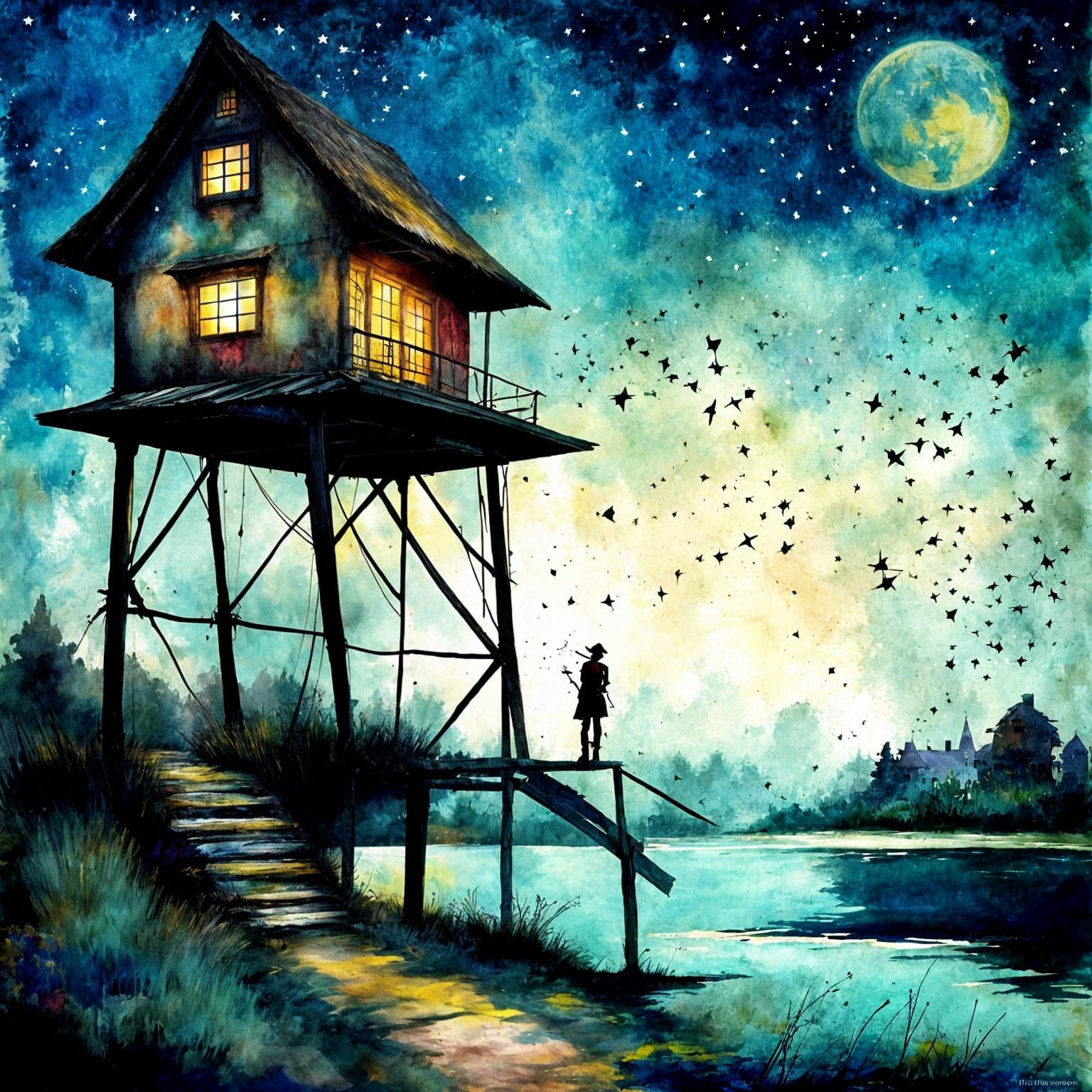 Thatched Cottage by Moonlit Lake in Vibrant Hues