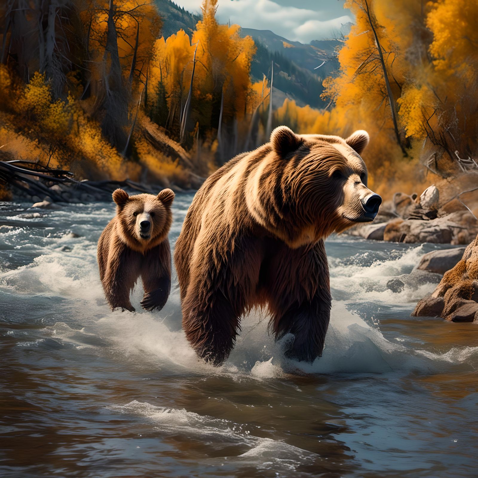 <lora:SuperHyperrealism:1.0> Mother Grizzly bear and 2 cubs ...