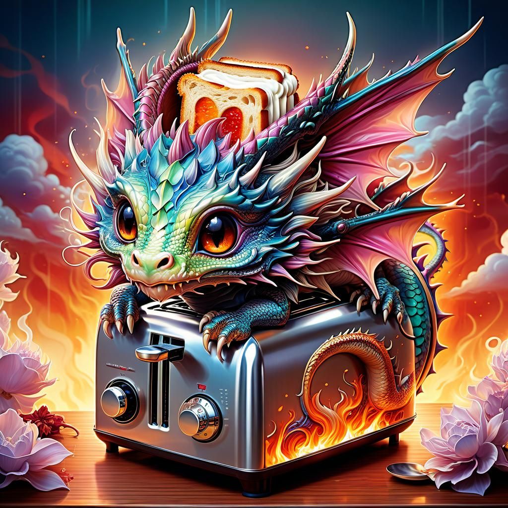 Chibi Dragon in Toaster: Surreal Anime Art
