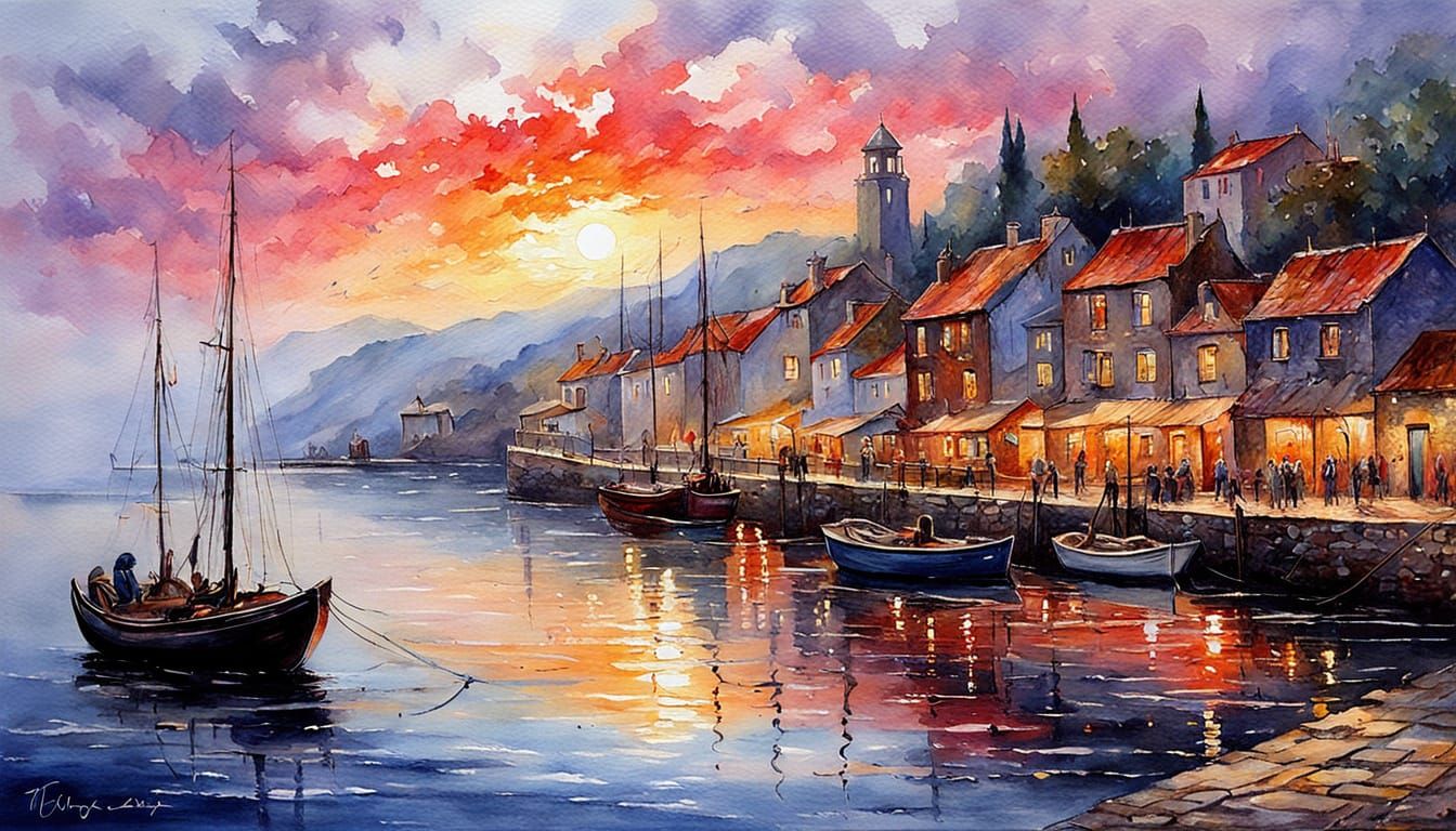 Sunset Over Fishing Port: Impressionist Seascape