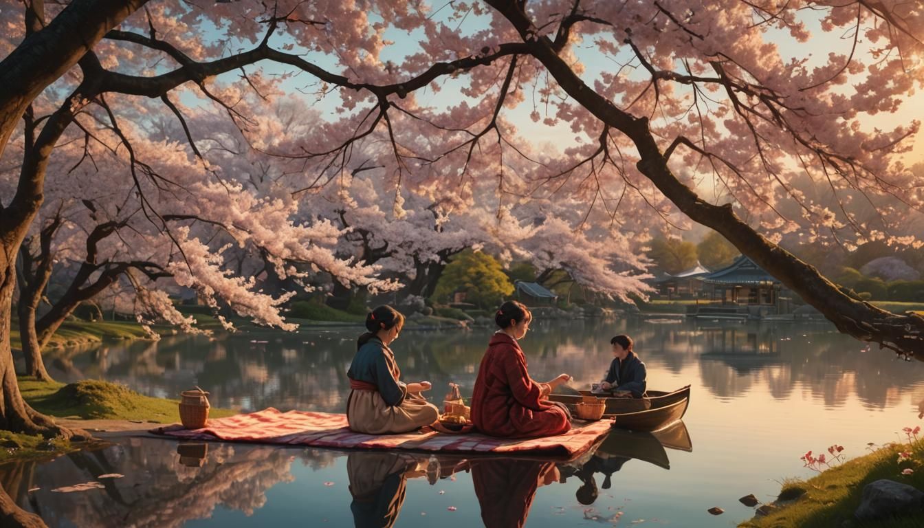 Cherry Blossom Picnic in Golden Light