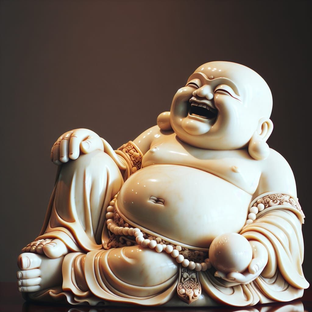 Chinese Laughing Buddha Ivory Statue with Pearls