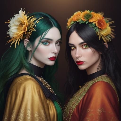 Hyper-Realistic Portrait: Golden Woman with Peacock Feathers