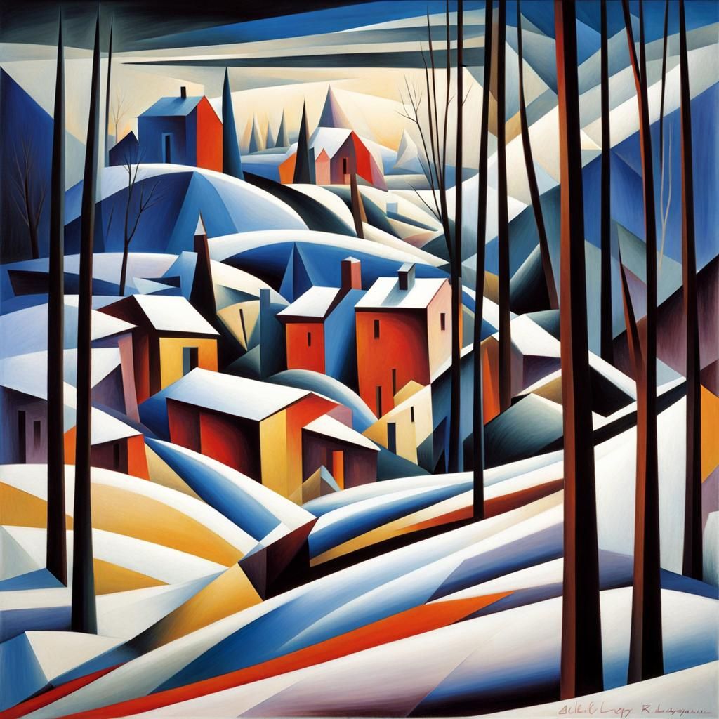 Abstract Winter Landscape in Cubist Style